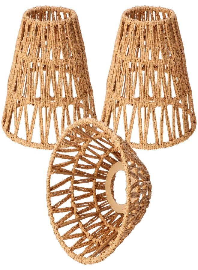 Tujoe 3 Pcs Small Rattan Bell Lamp Shade Boho Handwoven Barrel Rattan Chandelier Shades Replacement for Table Floor Lamp Pendant Light Fixtures, 5.5" H x 5.9" D, 2.76" Fitter - Image 1